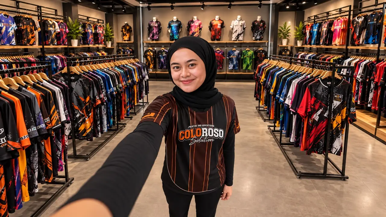 Coloroso model surrounded by custom apparel and shirts